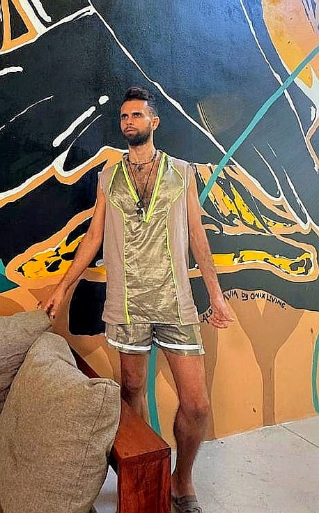 men's linen and faraday Tulum style separates in linen and faraday fabric. High vibrational fabrics. Protective suit of armor for modern life and man.