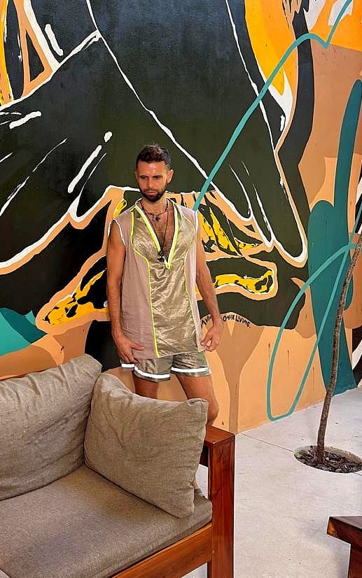 men's linen and faraday Tulum style separates in linen and faraday fabric. High vibrational fabrics. Protective suit of armor for modern life and man.