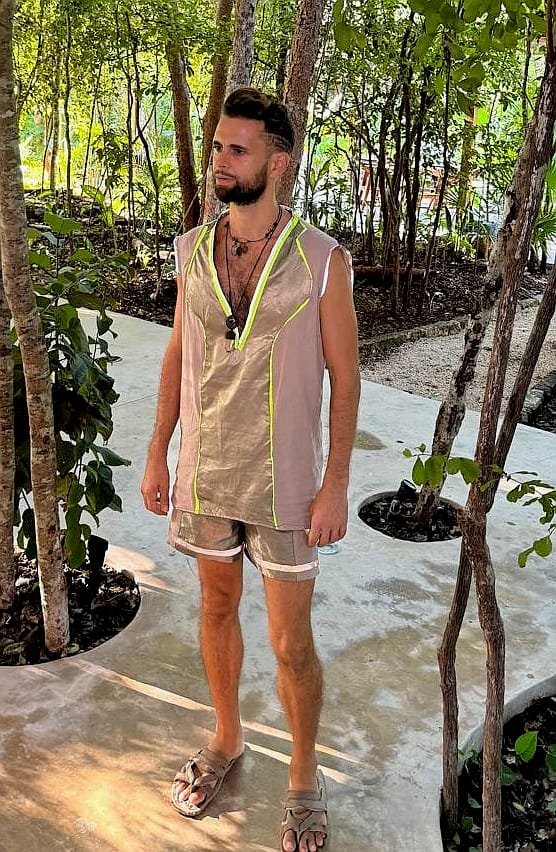 men's linen and faraday Tulum style separates in linen and faraday fabric. High vibrational fabrics. Protective suit of armor for modern life and man.